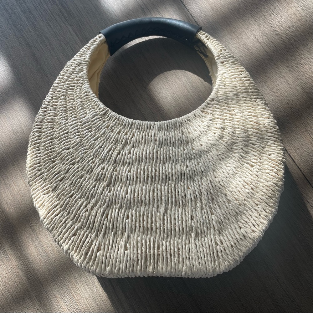 a new day Cream Woven Clutch with Black Handle